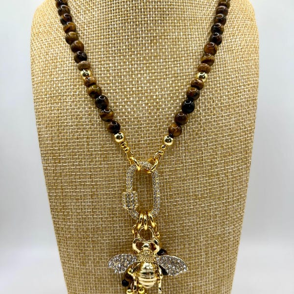 Tiger’s Eye 5mm 18k gold over SS beads Rhinestone Carabiner Bumblebee Charm Charm Cross 18-19 inches