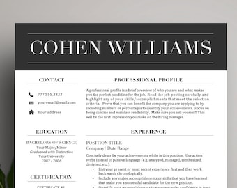 May include: Black and white resume template with the name Cohen Williams at the top. The resume includes sections for contact information, education, certifications, skills, professional profile, and experience.
