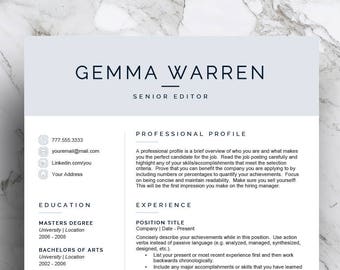 Modern resume template for Word & Pages (1, 2 and 3 page resume, cover letter, icon set) CV Template, blue resume | Instant Download