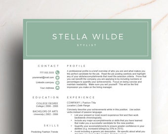 Creative Resume Template for Word & Pages | Green CV Template (1 + 2 Page Resume, Cover Letter, Icon Set) Fashion Resume | Instant Download