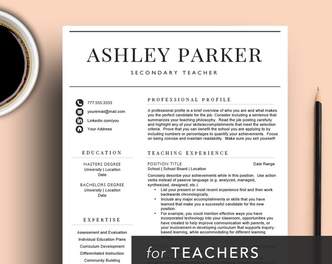 Teacher Resume Template for Word & Pages (1, 2 and 3 Page CV Template ...