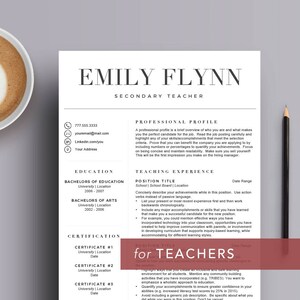 May include: A black and white resume template designed for secondary teachers. The template includes sections for education, certification, professional profile, and teaching experience. The text "for TEACHERS" is highlighted in a red box.