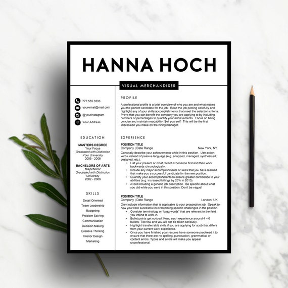 Creative Resume Template For Word Pages 1 And 2 Page Etsy