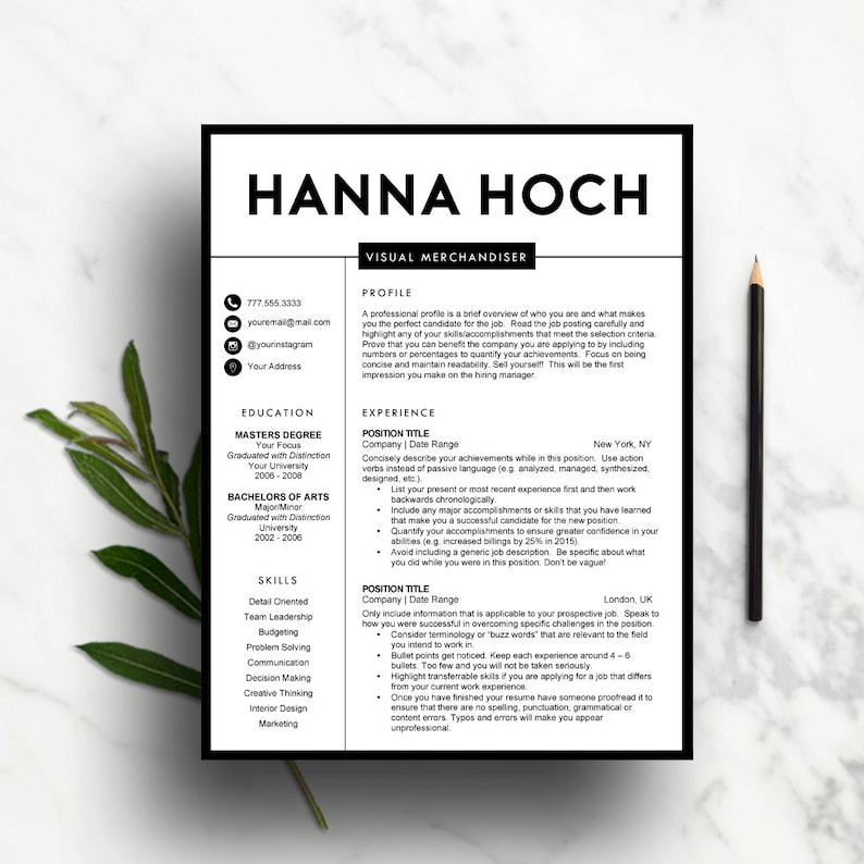 May include: Black and white resume template featuring the name Hanna Hoch and the job title Visual Merchandiser. The resume includes contact details, education, skills, and experience.
