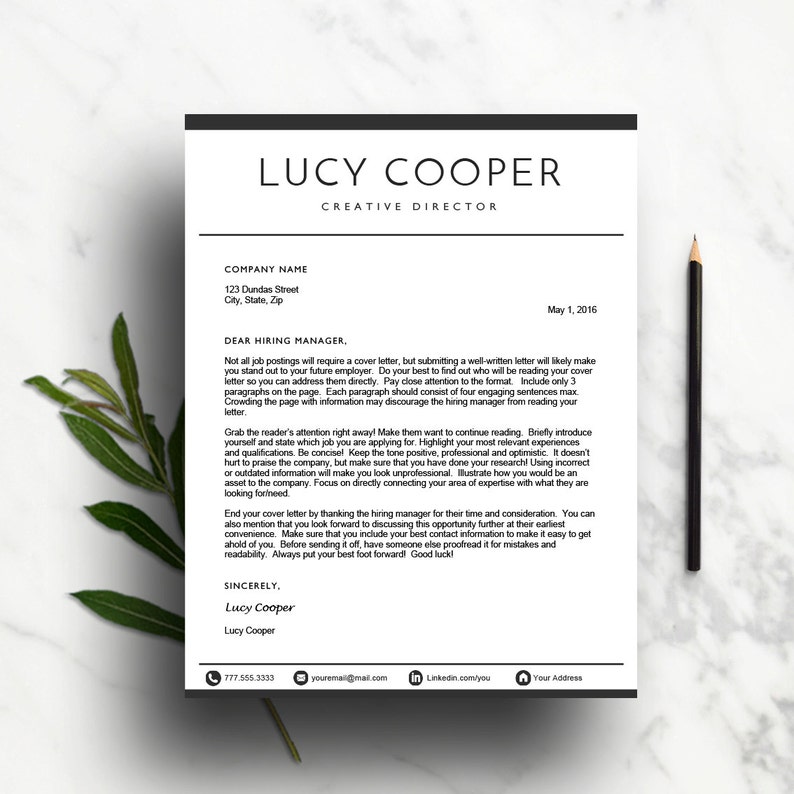 May include: A black and white cover letter template with the name Lucy Cooper and the title Creative Director. The letter is addressed to a hiring manager and includes tips for writing a cover letter.