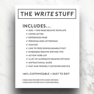 Pode incluir: Um gr&aacute;fico preto e branco com o texto "THE WRITE STUFF" e uma lista de itens inclu&iacute;dos em um pacote de modelo de curr&iacute;culo. A lista inclui: um modelo de curr&iacute;culo de uma ou duas p&aacute;ginas, uma carta de apresenta&ccedil;&atilde;o, uma p&aacute;gina de refer&ecirc;ncias, um cabe&ccedil;alho personalizado, um conjunto de &iacute;cones, um link para uma fonte gratuita para download, dicas de reda&ccedil;&atilde;o de curr&iacute;culos incorporadas, uma lista de verbos de a&ccedil;&atilde;o, uma lista de op&ccedil;&otilde;es de cabe&ccedil;alho alternativas, um guia de instru&ccedil;&otilde;es e um atendimento ao cliente r&aacute;pido e amig&aacute;vel. O gr&aacute;fico tamb&eacute;m inclui o texto "100&nbsp;% PERSONALIZ&Aacute;VEL + F&Aacute;CIL DE EDITAR" e informa&ccedil;&otilde;es de pre&ccedil;os para 2 e 4 curr&iacute;culos.