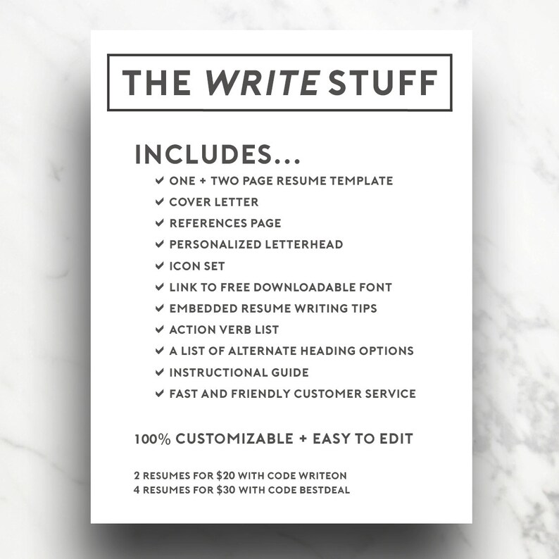 Pode incluir: Um gr&aacute;fico preto e branco com o texto "THE WRITE STUFF" e uma lista de itens inclu&iacute;dos em um pacote de modelo de curr&iacute;culo. A lista inclui: um modelo de curr&iacute;culo de uma ou duas p&aacute;ginas, uma carta de apresenta&ccedil;&atilde;o, uma p&aacute;gina de refer&ecirc;ncias, um cabe&ccedil;alho personalizado, um conjunto de &iacute;cones, um link para uma fonte gratuita para download, dicas de reda&ccedil;&atilde;o de curr&iacute;culos incorporadas, uma lista de verbos de a&ccedil;&atilde;o, uma lista de op&ccedil;&otilde;es de cabe&ccedil;alho alternativas, um guia de instru&ccedil;&otilde;es e um atendimento ao cliente r&aacute;pido e amig&aacute;vel. O gr&aacute;fico tamb&eacute;m inclui o texto "100&nbsp;% PERSONALIZ&Aacute;VEL + F&Aacute;CIL DE EDITAR" e informa&ccedil;&otilde;es de pre&ccedil;os para 2 e 4 curr&iacute;culos.