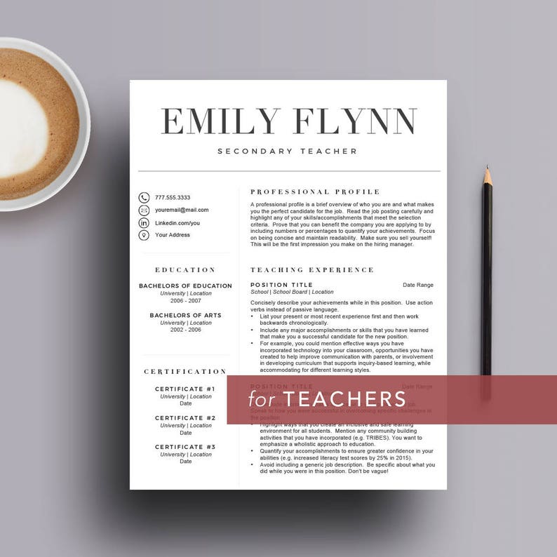 May include: A black and white resume template designed for secondary teachers. The template includes sections for education, certification, professional profile, and teaching experience. The text "for TEACHERS" is highlighted in a red box.