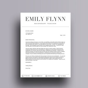 May include: A black and white cover letter template for a secondary teacher job application. The template includes a sample cover letter with tips for writing a strong cover letter. The text includes the name Emily Flynn, Secondary Teacher, and the date 1 May 2016.