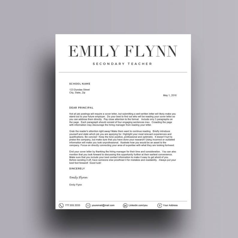 May include: A black and white cover letter template for a secondary teacher job application. The template includes a sample cover letter with tips for writing a strong cover letter. The text includes the name Emily Flynn, Secondary Teacher, and the date 1 May 2016.