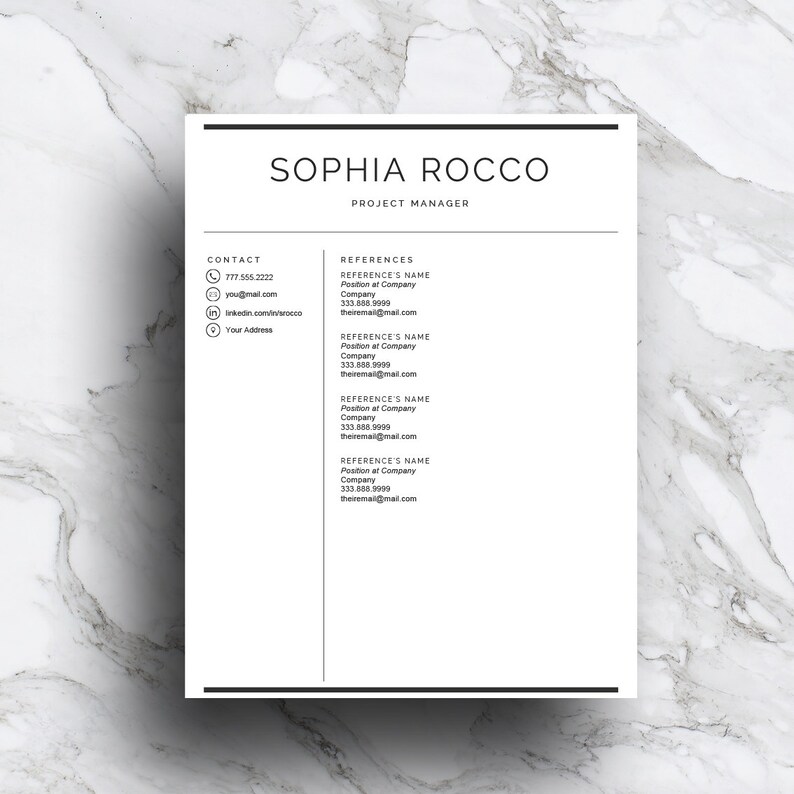 Pode incluir: Um modelo de curr&iacute;culo em preto e branco com o nome Sophia Rocco e o t&iacute;tulo de Gerente de Projeto. O curr&iacute;culo inclui informa&ccedil;&otilde;es de contato e uma se&ccedil;&atilde;o para refer&ecirc;ncias.