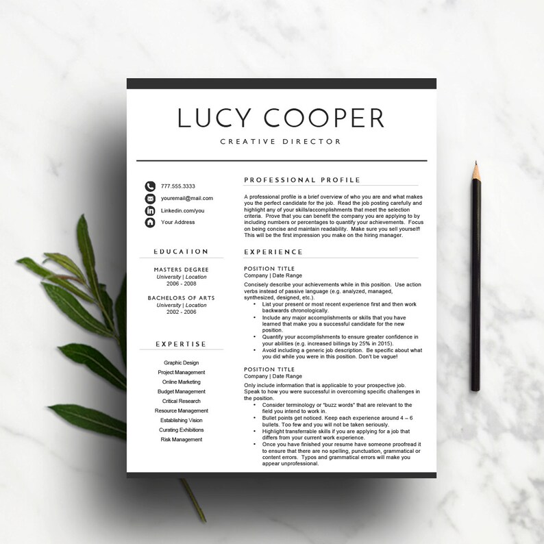May include: A black and white resume template with the name Lucy Cooper and the title Creative Director. The resume includes contact information, education, experience, and expertise.
