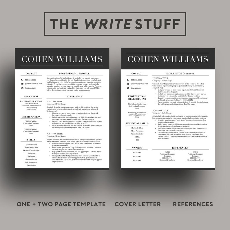 1 /& 2 Page Resume, Cover Letter, Icon Set in A4 and US Letter Instant Download Professional Resume Template for Word CV Template