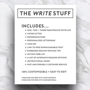 Pode incluir: Um gr&aacute;fico preto e branco com o texto "THE WRITE STUFF" em negrito. O texto "INCLUDES..." &eacute; listado com uma marca de verifica&ccedil;&atilde;o ao lado de cada item: modelo de curr&iacute;culo de uma, duas e tr&ecirc;s p&aacute;ginas, carta de apresenta&ccedil;&atilde;o, p&aacute;gina de refer&ecirc;ncias, cabe&ccedil;alho personalizado, conjunto de &iacute;cones, link para fonte gratuita para download, dicas de reda&ccedil;&atilde;o de curr&iacute;culo incorporadas, lista de verbos de a&ccedil;&atilde;o, lista de op&ccedil;&otilde;es de cabe&ccedil;alho alternativas, guia de instru&ccedil;&otilde;es e atendimento ao cliente r&aacute;pido e amig&aacute;vel. O texto "100&nbsp;% CUSTOMIZABLE + EASY TO EDIT" est&aacute; em uma fonte maior. O texto "2 RESUMES FOR $20 WITH CODE WRITEON" e "4 RESUMES FOR $30 WITH CODE BESTDEAL" s&atilde;o listados abaixo.