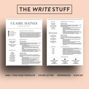 以下が含まれることがあります： 「The Write Stuff」というタイトルと「Claire Haines, Senior Editor」という名前が書かれた白黒の履歴書テンプレート。履歴書には、自己紹介、学歴、職務経歴、専門知識、スキル、専門分野、受賞歴、業績、参考文献のセクションが含まれています。