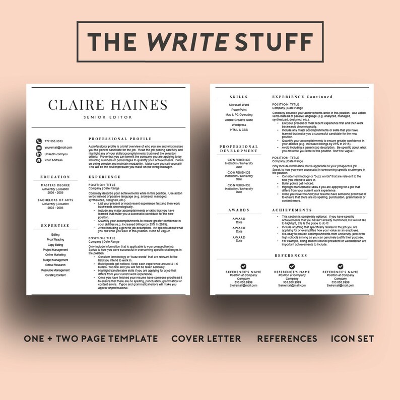 以下が含まれることがあります： 「The Write Stuff」というタイトルと「Claire Haines, Senior Editor」という名前が書かれた白黒の履歴書テンプレート。履歴書には、自己紹介、学歴、職務経歴、専門知識、スキル、専門分野、受賞歴、業績、参考文献のセクションが含まれています。
