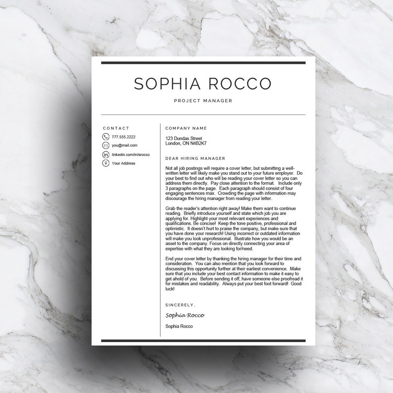 Pode incluir: Um modelo de carta de apresenta&ccedil;&atilde;o em preto e branco com o texto "Sophia Rocco, Gerente de Projeto" no topo. A carta inclui informa&ccedil;&otilde;es de contato, um nome e endere&ccedil;o da empresa, e uma mensagem para um gerente de contrata&ccedil;&atilde;o.