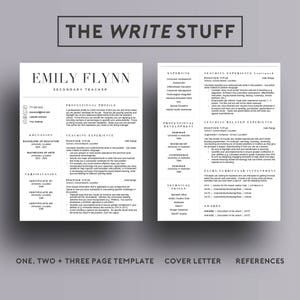 May include: A black and white resume template with the title "The Write Stuff" at the top. The resume is for Emily Flynn, a Secondary Teacher. The resume includes sections for Professional Profile, Education, Certification, Teaching Experience, Teaching Related Experience, Extra-Curricular Involvement, Awards, Expertise, Professional Development, and Technical Skills.
