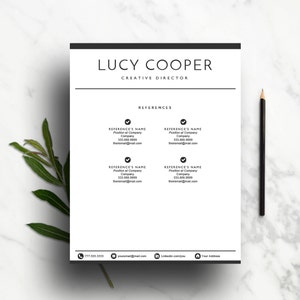 May include: A black and white resume template with the name Lucy Cooper and the title Creative Director. The resume includes a section for references with four placeholder entries for contact information.
