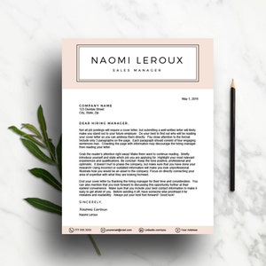 Pode incluir: Um modelo de carta de apresenta&ccedil;&atilde;o com fundo bege e texto preto. O texto inclui dicas para escrever uma carta de apresenta&ccedil;&atilde;o, como dirigir-se diretamente ao gestor de contrata&ccedil;&atilde;o, manter a carta concisa e destacar a experi&ecirc;ncia relevante. O modelo tamb&eacute;m inclui as informa&ccedil;&otilde;es de contato de Naomi Leroux, gerente de vendas.