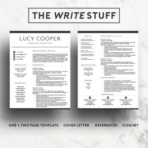 May include: A black and white resume template with the title "The Write Stuff" and the name "Lucy Cooper" as the job title "Creative Director". The resume includes sections for professional profile, education, experience, expertise, skills, certifications, awards, achievements, and references.