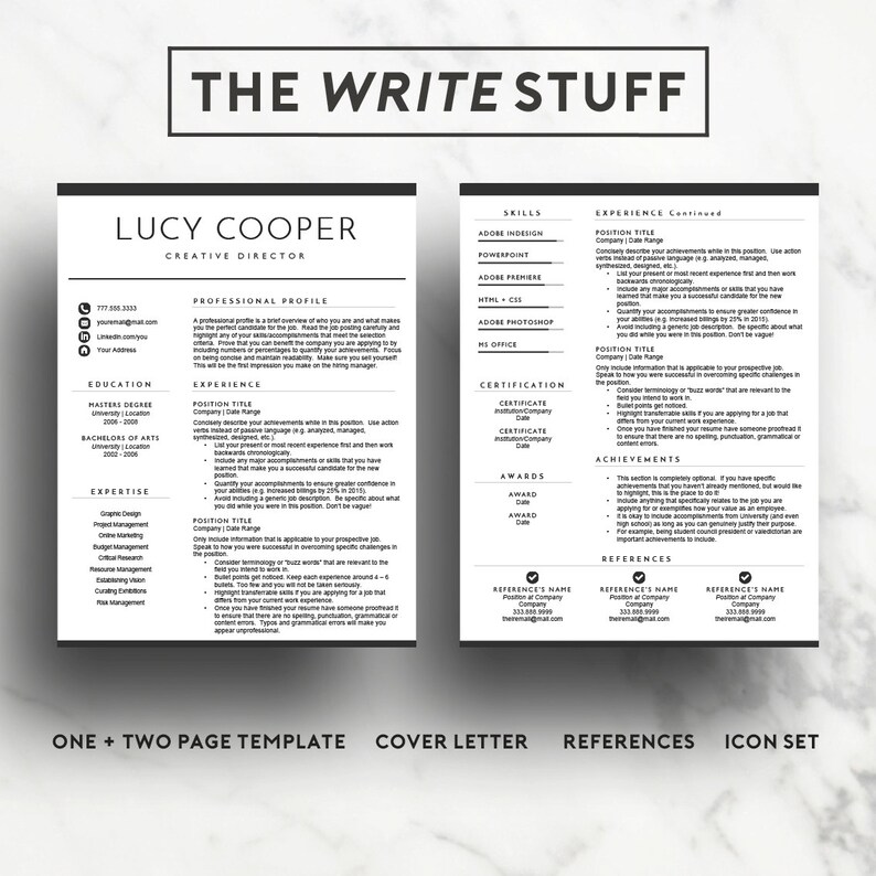 May include: A black and white resume template with the title "The Write Stuff" and the name "Lucy Cooper" as the job title "Creative Director". The resume includes sections for professional profile, education, experience, expertise, skills, certifications, awards, achievements, and references.