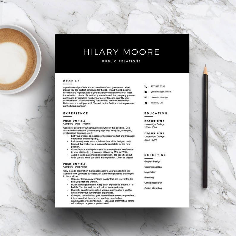 Modern Resume Template for Word & Pages 1, 2 and 3 Page Resume, Cover Letter, Icon Set Professional CV Template Black Instant Download image 1