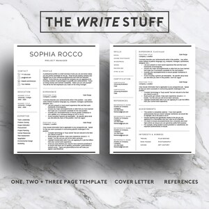 Pode incluir: Um modelo de curr&iacute;culo em preto e branco com o t&iacute;tulo "The Write Stuff" e o nome "Sophia Rocco" no topo. O curr&iacute;culo inclui se&ccedil;&otilde;es para informa&ccedil;&otilde;es de contato, perfil, educa&ccedil;&atilde;o, experi&ecirc;ncia, habilidades, certifica&ccedil;&otilde;es, refer&ecirc;ncias e realiza&ccedil;&otilde;es.