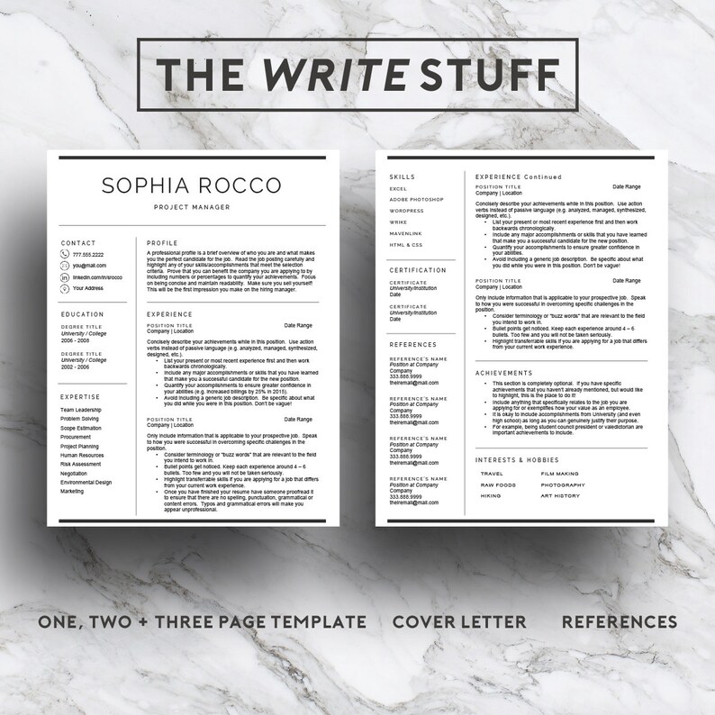 Pode incluir: Um modelo de curr&iacute;culo em preto e branco com o t&iacute;tulo "The Write Stuff" e o nome "Sophia Rocco" no topo. O curr&iacute;culo inclui se&ccedil;&otilde;es para informa&ccedil;&otilde;es de contato, perfil, educa&ccedil;&atilde;o, experi&ecirc;ncia, habilidades, certifica&ccedil;&otilde;es, refer&ecirc;ncias e realiza&ccedil;&otilde;es.