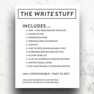 May include: A white and black graphic with the text "THE WRITE STUFF" in a bold font. The graphic lists the contents of a resume template package, including a cover letter, references page, personalised letterhead, icon set, and more. The graphic also includes pricing information for the resume template package.