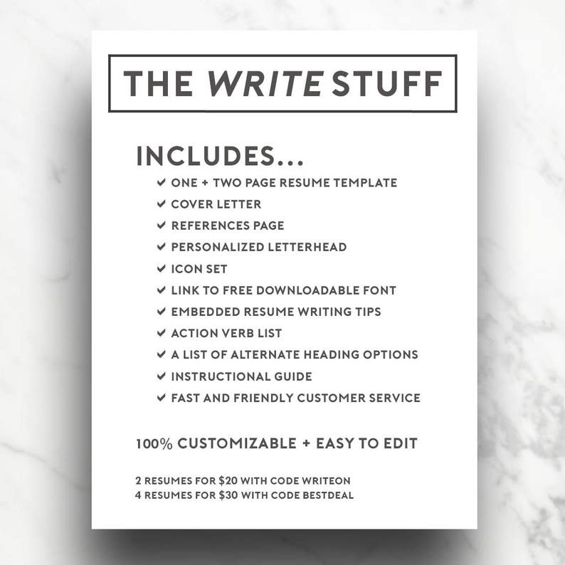 May include: A white and black graphic with the text "THE WRITE STUFF" in a bold font. The graphic lists the contents of a resume template package, including a cover letter, references page, personalised letterhead, icon set, and more. The graphic also includes pricing information for the resume template package.