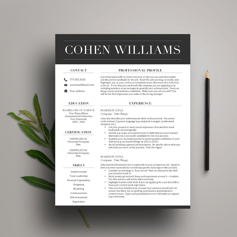 1 /& 2 Page Resume, Cover Letter, Icon Set in A4 and US Letter Instant Download Professional Resume Template for Word CV Template