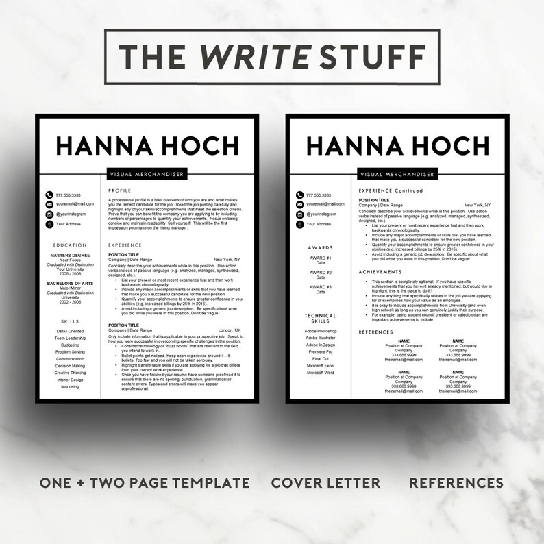 May include: A black and white resume template with the title "The Write Stuff" and the name "Hanna Hoch" at the top. The resume includes sections for profile, education, experience, awards, technical skills, and references.