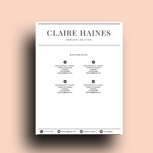 以下が含まれることがあります： 黒と白の履歴書テンプレートで、名前はクレア・ヘインズ、肩書きはシニアエディター。履歴書には連絡先情報と推薦状のセクションが含まれています。