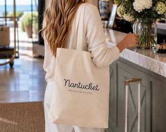 Nantucket Script Canvas Tote Bag | Coastal New England Preppy Style Gift