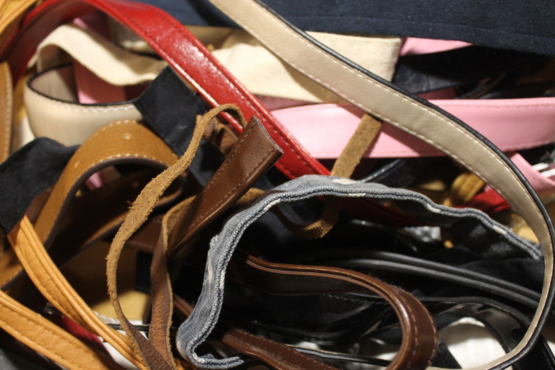 8oz Salvaged Purse Straps and Bag Handles, Scraps, Faux and Genuine Leather, Fabric, Mystery Box, Trimming, Eco Friendly Grab Bag, Belts