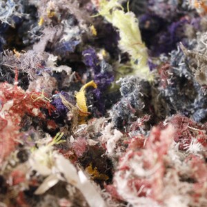May include: Close-up of a pile of shredded fabric scraps in various colors. The scraps include shades of red, blue, purple, yellow, and gray. The texture is rough and fibrous, with visible threads and frayed edges. The image suggests a craft or textile project.