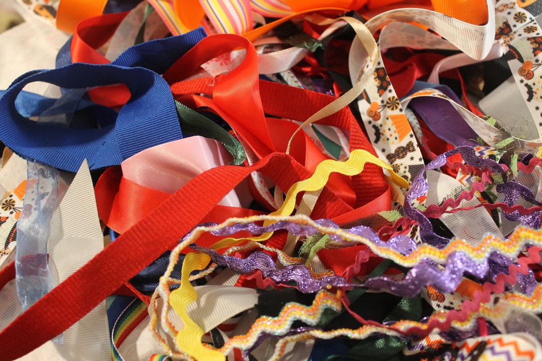 4oz Scrap Ribbon, Salvaged Ribbon from Secondhand Clothing, Nylon and Polyester, Mystery Box, Trimming, Eco Friendly and Sustainable