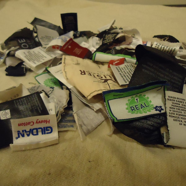 100 Reclaimed Clothing Tags, Great for Upcycling and Recycling projects! care tags from shirts and pants, brand logo