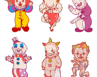 Puede incluir: Nueve ilustraciones de dibujos animados de payasos en varias poses y atuendos. Los payasos tienen rasgos exagerados, incluyendo narices grandes, labios rojos y pelo colorido. Algunos payasos sostienen accesorios como un corazón, una sierra y una bolsa.