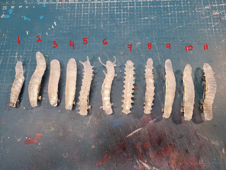 K&ouml;nnte beinhalten: Elf durchsichtige Kunststoff-Haarklammern in Form von Raupen. Die Klammern sind von 1 bis 11 nummeriert.