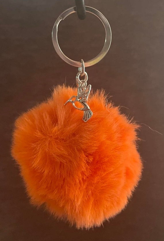 Orange Puff Ball Keychain With Hummingbird Charm