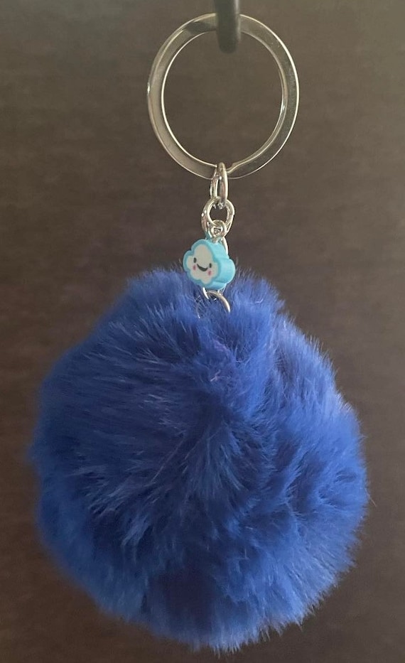 Dark Blue Puff Ball Keychain With Cloud Charm