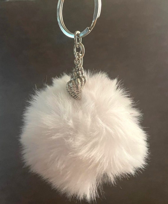 White Puff Ball Keychain With Sea Shell Charm