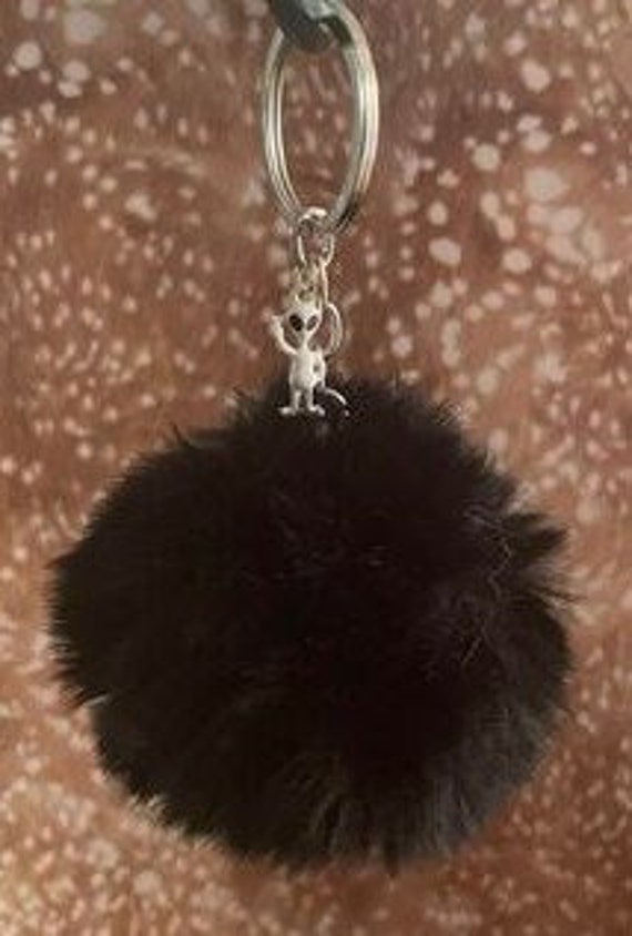 Black Puff Ball Keychain With Alien Charm