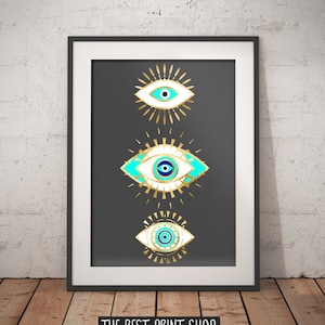 Evil eye gold foil print, geometric bohemian poster, black and gold wall art, evil eye, Spiritual Art, printable instant download, 18 x 24