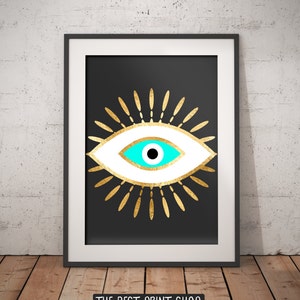 Evil eye gold foil print, geometric bohemian poster, black gold turquoise wall art, evil eye, Spiritual Art, printable instant download