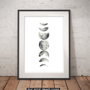 Moon phase print, black and white, Lunar phases art, boho art, Home decor, astrology print, moon poster, watercolor print, geometric art