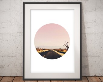 Afdrukbare kunst, woestijn road, woestijn zonsondergang Art Print, cirkel afdrukken, woestijn print, woestijn cactus, fotografie, Bohemian, afdrukbare kunst aan de muur,