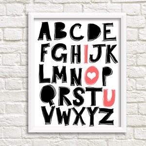 Printable Art &quot;I Love You Alphabet&quot; black and Pink Art Alphabet Art Alphabet Prints Nursery Prints Nursery Art Nursery Decor